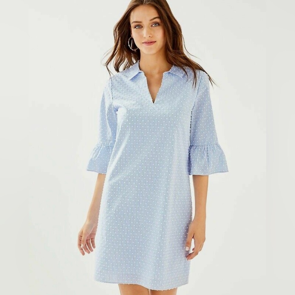 NWOT Lilly Pulitzer Ginger Cotton Shirtdress Blue Peri Stripe Swiss Dots Size 16